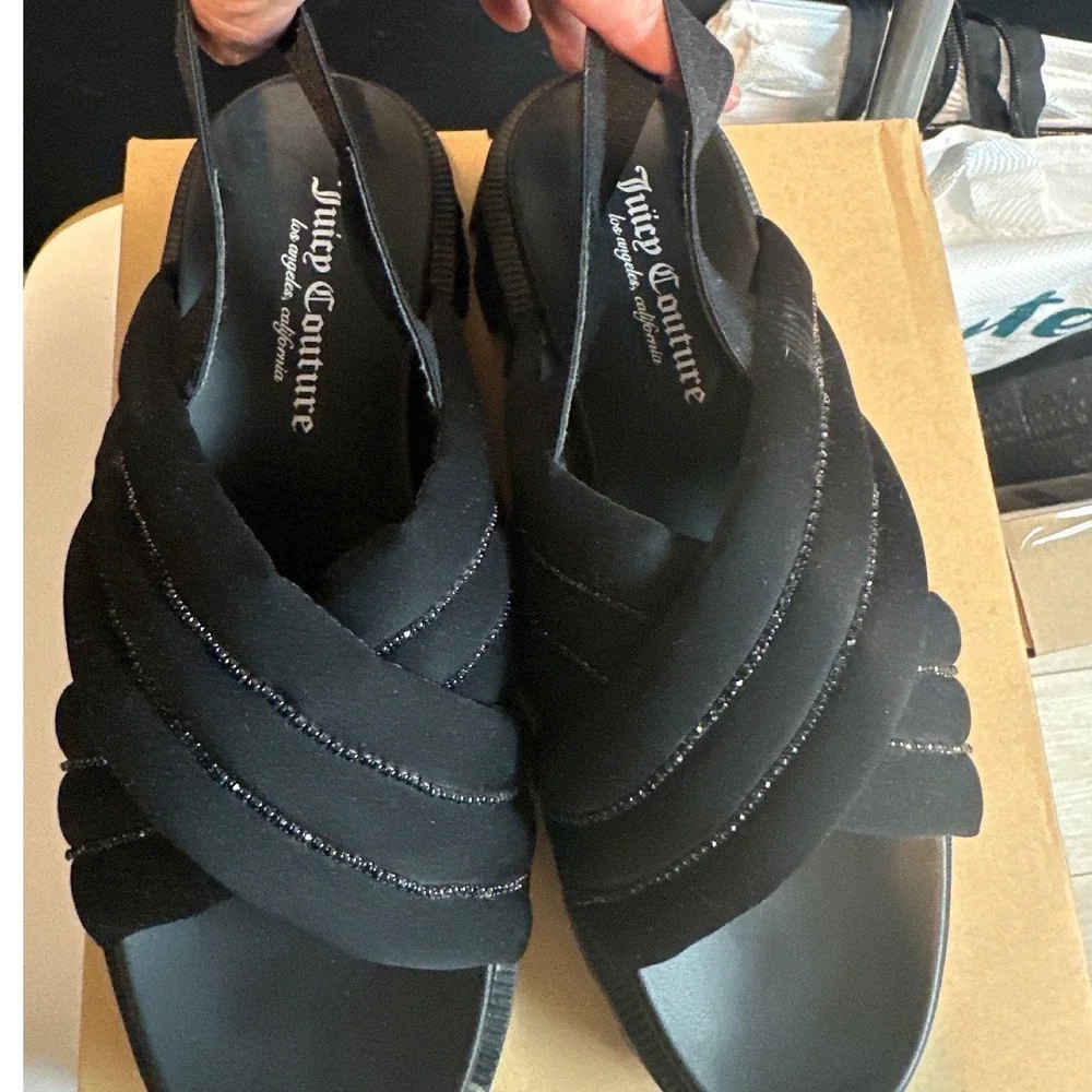 Juicy Couture Black Platform Slingback Sandals Rhinestone Strappy Size 7.5